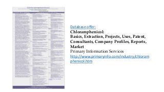 Database offer:
Chloramphenicol:
Basics, Extraction, Projects, Uses, Patent,
Consultants, Company Profiles, Reports,
Market
Primary Information Services
http://www.primaryinfo.com/industry/chloram
phenicol.htm
 