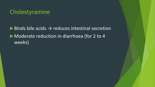 Cholestyramine
 Binds bile acids → reduces intestinal secretion
 Moderate reduction in diarrhoea (for 2 to 4
weeks)
 