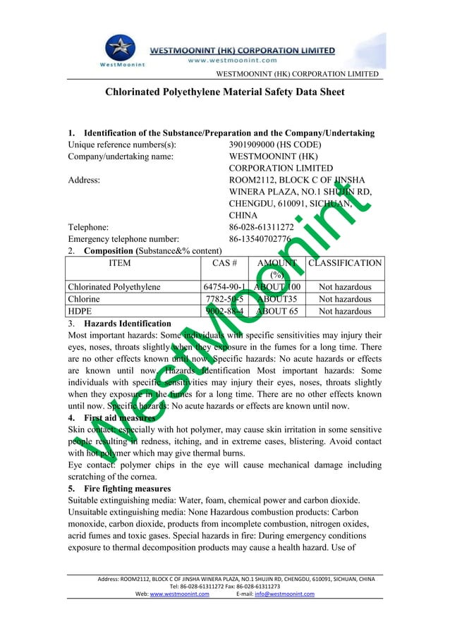 Chlorinated polyethylene material safety data sheet PDF