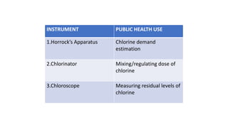 INSTRUMENT PUBLIC HEALTH USE
1.Horrock’s Apparatus Chlorine demand
estimation
2.Chlorinator Mixing/regulating dose of
chlorine
3.Chloroscope Measuring residual levels of
chlorine
 