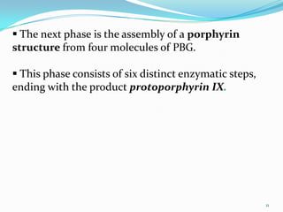  The next phase is the assembly of a porphyrin
structure from four molecules of PBG.

 This phase consists of six distinct enzymatic steps,
ending with the product protoporphyrin IX.




                                                         11
 