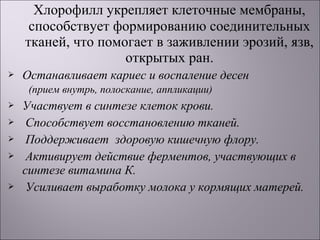 Хлорофилл укрепляет клеточные мембраны,
     способствует формированию соединительных
    тканей, что помогает в заживлении эрозий, язв,
                    открытых ран.
   Останавливает кариес и воспаление десен
     (прием внутрь, полоскание, аппликации)
   Участвует в синтезе клеток крови.
    Способствует восстановлению тканей.
    Поддерживает здоровую кишечную флору.
    Активирует действие ферментов, участвующих в
    синтезе витамина К.
    Усиливает выработку молока у кормящих матерей.
 