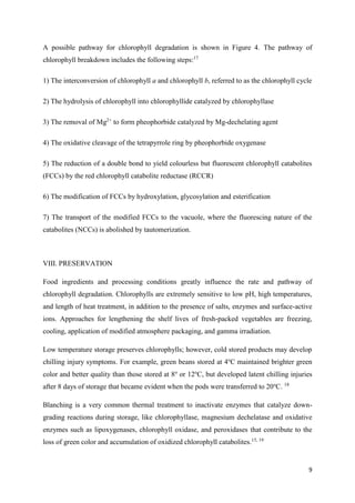 9
A possible pathway for chlorophyll degradation is shown in Figure 4. The pathway of
chlorophyll breakdown includes the following steps:17
1) The interconversion of chlorophyll a and chlorophyll b, referred to as the chlorophyll cycle
2) The hydrolysis of chlorophyll into chlorophyllide catalyzed by chlorophyllase
3) The removal of Mg2+
to form pheophorbide catalyzed by Mg-dechelating agent
4) The oxidative cleavage of the tetrapyrrole ring by pheophorbide oxygenase
5) The reduction of a double bond to yield colourless but fluorescent chlorophyll catabolites
(FCCs) by the red chlorophyll catabolite reductase (RCCR)
6) The modification of FCCs by hydroxylation, glycosylation and esterification
7) The transport of the modified FCCs to the vacuole, where the fluorescing nature of the
catabolites (NCCs) is abolished by tautomerization.
VIII. PRESERVATION
Food ingredients and processing conditions greatly influence the rate and pathway of
chlorophyll degradation. Chlorophylls are extremely sensitive to low pH, high temperatures,
and length of heat treatment, in addition to the presence of salts, enzymes and surface-active
ions. Approaches for lengthening the shelf lives of fresh-packed vegetables are freezing,
cooling, application of modified atmosphere packaging, and gamma irradiation.
Low temperature storage preserves chlorophylls; however, cold stored products may develop
chilling injury symptoms. For example, green beans stored at 4o
C maintained brighter green
color and better quality than those stored at 8o
or 12o
C, but developed latent chilling injuries
after 8 days of storage that became evident when the pods were transferred to 20o
C. 18
Blanching is a very common thermal treatment to inactivate enzymes that catalyze down-
grading reactions during storage, like chlorophyllase, magnesium dechelatase and oxidative
enzymes such as lipoxygenases, chlorophyll oxidase, and peroxidases that contribute to the
loss of green color and accumulation of oxidized chlorophyll catabolites.15, 19
 