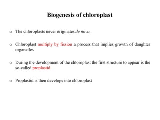 Biogenesis of chloroplast
o The chloroplasts never originates de novo.
o Chloroplast multiply by fission a process that implies growth of daughter
organelles
o During the development of the chloroplast the first structure to appear is the
so-called proplastid.
o Proplastid is then develops into chloroplast
 