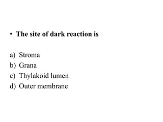 • The site of dark reaction is
a) Stroma
b) Grana
c) Thylakoid lumen
d) Outer membrane
 