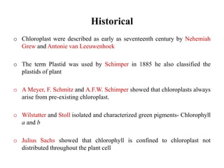 Historical
o Chloroplast were described as early as seventeenth century by Nehemiah
Grew and Antonie van Leeuwenhoek
o The term Plastid was used by Schimper in 1885 he also classified the
plastids of plant
o A Meyer, F. Schmitz and A.F.W. Schimper showed that chloroplasts always
arise from pre-existing chloroplast.
o Wilstatter and Stoll isolated and characterized green pigments- Chlorophyll
a and b
o Julius Sachs showed that chlorophyll is confined to chloroplast not
distributed throughout the plant cell
 