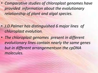 • Comparative studies of chloroplast genomes have
provided information about the evolutionary
relationship of plant and algal species.
• J.D.Palmer has distinguished 6 major lines of
chloroplast evolution.
• The chloroplast genomes present in different
evolutionary lines contain nearly the same genes
but in different arrangementson the cpDNA
molecules.
 