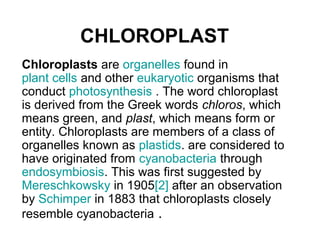 CHLOROPLAST
Chloroplasts are organelles found in
plant cells and other eukaryotic organisms that
conduct photosynthesis . The word chloroplast
is derived from the Greek words chloros, which
means green, and plast, which means form or
entity. Chloroplasts are members of a class of
organelles known as plastids. are considered to
have originated from cyanobacteria through
endosymbiosis. This was first suggested by
Mereschkowsky in 1905[2] after an observation
by Schimper in 1883 that chloroplasts closely
resemble cyanobacteria .
 