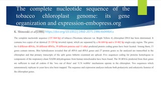The complete nucleotide sequence of the
tobacco chloroplast genome: its gene
organization and expression-embopress.org
K. Shinozaki et al[1986] https://doi.org/10.1002/j.1460-2075.1986.tb04464.x
The complete nucleotide sequence (155 844 bp) of tobacco (Nicotiana tabacum var. Bright Yellow 4) chloroplast DNA has been determined. It
contains two copies of an identical 25 339 bp inverted repeat, which are separated by a 86 684 bp and a 18 482 bp single‐copy region. The genes
for 4 different rRNAs, 30 different tRNAs, 39 different proteins and 11 other predicted protein coding genes have been located. Among them, 15
genes contain introns. Blot hybridization revealed that all rRNA and tRNA genes and 27 protein genes so far analysed are transcribed in the
chloroplast and that primary transcripts of the split genes hitherto examined are spliced. Five sequences coding for proteins homologous to
components of the respiratory‐chain NADH dehydrogenase from human mitochondria have been found. The 30 tRNAs predicted from their genes
are sufficient to read all codons if the ‘two out of three’ and ‘U:N wobble’ mechanisms operate in the chloroplast. Two sequences which
autonomously replicate in yeast have also been mapped. The sequence and expression analyses indicate both prokaryotic and eukaryotic features of
the chloroplast genes.
 