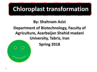 Chloroplast transformation
By: Shahnam Azizi
Department of Biotechnology, Faculty of
Agriculture, Azarbaijan Shahid madani
University, Tabriz, Iran
Spring 2018
1
 