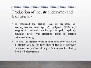 Production of industrial enzymes and
biomaterials
• To produced the highest level of the poly (p-
hydroxybenzoic acid (pHBA) polymer (25% dry
weight) in normal healthy plants poly hydroxy
butyrate (PHB) was designed using an operon
extension strategy
• To date, the highest levels of PHB have been achieved
in plastids due to the high flux of the PHB pathway
substrate acetyl-CoA through this organelle during
fatty acid biosynthesis
 