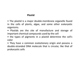 • The plastid is a major double-membrane organelle found
in the cells of plants, algae, and some other eukaryotic
organisms.
• Plastids are the site of manufacture and storage of
important chemical compounds used by the cell
• the types of pigments in a plastid determine the cell's
color
• They have a common evolutionary origin and possess a
double-stranded DNA molecule that is circular, like that of
prokaryotic cells
Plastid
 