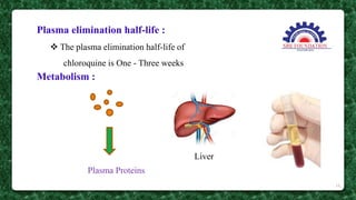 Plasma elimination half-life :
 The plasma elimination half-life of
chloroquine is One - Three weeks
Metabolism :
Plasma Proteins
16
Liver
 