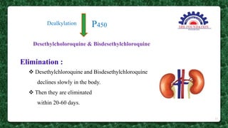 Elimination :
 Desethylchloroquine and Bisdesethylchloroquine
declines slowly in the body.
 Then they are eliminated
within 20-60 days.
Desethylcholoroquine & Bisdesethylchloroquine
P450
Dealkylation
17
 