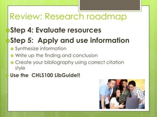 Review: Research roadmap
Step 4: Evaluate resources
Step 5: Apply and use information
    Synthesize information
    Write up the finding and conclusion
    Create your bibliography using correct citation
     style
 Use   the CHLS100 LibGuide!!
 