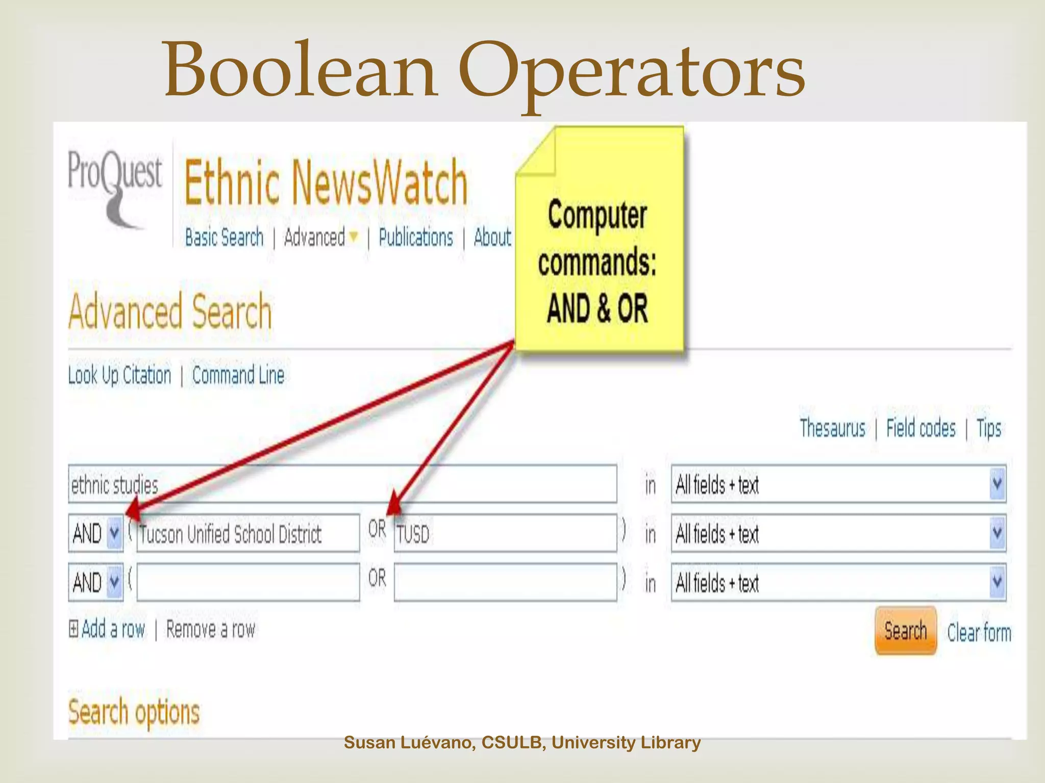 Boolean Operators
                   




    Susan Luévano, CSULB, University Library
 
