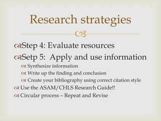 Research strategies
             
Step 4: Evaluate resources
Setp 5: Apply and use information
   Synthesize information
   Write up the finding and conclusion
   Create your bibliography using correct citation style
 Use the ASAM/CHLS Research Guide!!
 Circular process – Repeat and Revise
 