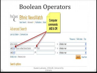 Boolean Operators

Susan Luévano, CSULB, University
Library

 