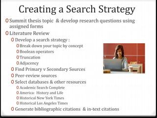 Creating a Search Strategy
0 Summit thesis topic & develop research questions using
assigned forms
0 Literature Review
0 Develop a search strategy :
0Break down your topic by concept
0Boolean operators
0Truncation
0Adjacency
0 Find Primary v Secondary Sources
0 Peer-review sources
0 Select databases & other resources
0 Academic Search Complete
0 America: History and Life
0 Historical New York Times
0 Historical Los Angeles Times
0 Generate bibliographic citations & in-text citations
 