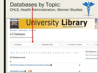 Databases by Topic:
CHLS, Health Administration, Women Studies
 