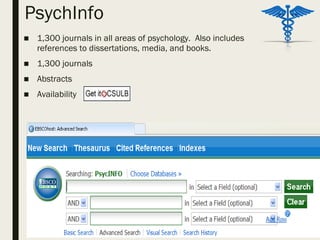 PsychInfo
■ 1,300 journals in all areas of psychology. Also includes
references to dissertations, media, and books. 
■ 1,300 journals
■ Abstracts
■ Availability
 