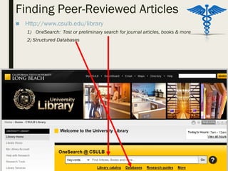 Finding Peer-Reviewed Articles
■ Http://www.csulb.edu/library
1) OneSearch: Test or preliminary search for journal articles, books & more
2) Structured Databases
 