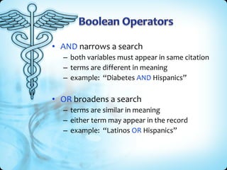 • AND narrows a search
– both variables must appear in same citation
– terms are different in meaning
– example: “Diabetes AND Hispanics”

• OR broadens a search
– terms are similar in meaning
– either term may appear in the record
– example: “Latinos OR Hispanics”

 