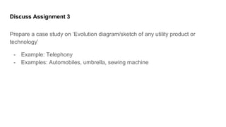 Discuss Assignment 3
Prepare a case study on Evolution diagram/sketch of any utility product or
technology
- Example: Telephony
- Examples: Automobiles, umbrella, sewing machine
 