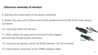 8, Sandup the metal leads of the stereo connector
9, Solder the open end of black wire to the smallest terminal (R) of the male stereo
connector
10, Insert last HSS into red wire
11, Strip, solder the open end of red wire to the biggest
terminal (S) of male stereo connector
12, Using hot-air blower, shrink all all the sleeves. Do not overheat.
13, Insert stereo connector to the TRRS adapter cable
Electronic assembly of interface
15
 