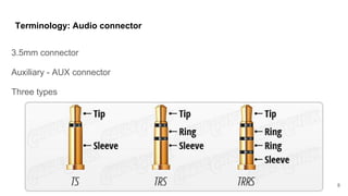 Terminology: Audio connector
3.5mm connector
Auxiliary - AUX connector
Three types
8
 