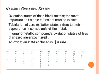 VARIABLE OXIDATION STATES
• Oxidation states of the d-block metals; the most
important and stable states are marked in blue.
• Tabulation of zero oxidation states refers to their
appearance in compounds of the metal.
• In organometallic compounds, oxidation states of less
than zero are encountered .
• An oxidation state enclosed in [ ] is rare.
 