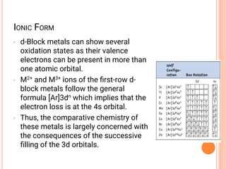 IONIC FORM
• d-Block metals can show several
oxidation states as their valence
electrons can be present in more than
one atomic orbital.
• M2+ and M3+ ions of the ﬁrst-row d-
block metals follow the general
formula [Ar]3dn which implies that the
electron loss is at the 4s orbital.
• Thus, the comparative chemistry of
these metals is largely concerned with
the consequences of the successive
ﬁlling of the 3d orbitals.
 