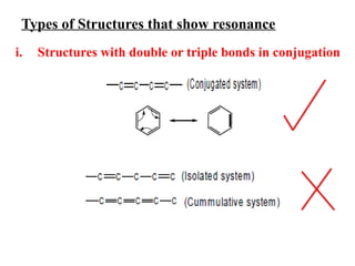 Types of Structures that show resonance
i. Structures with double or triple bonds in conjugation
 