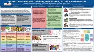 Synthetic Food Additives: Chemistry, Health Effects, and the Societal Dilemma
Kayleigh Antonelli, Michael DeBrota, Tony Durgham, Nicholas Kress, Bryce Miller, Qingxin Zhang
CHM 491 Chemistry in Societal Issues Capstone | Spring 2020 | Department of Chemistry and Biochemistry, Miami University, Oxford, Ohio, 45056
ABSTRACT
Advances in food chemistry and manufacturing over time have yielded many partly or
wholly synthetic food additives, created with the aims of enhancing food production or
properties. Here, we present an examination of synthetic food additives, including their
history, underlying chemical principles, and information regarding selected commonly
used additives. We also present potential benefits and concerns regarding their use, and
address these concerns with potential solutions and future directions for the food industry.
BACKGROUND
What is a Food Additive?
● Any substance added to food to affect its
characteristics, improve its sensory qualities or
composition, and/or aid in the production or
manufacturing process (21 C.F.R. § 170.3e (1))
● Defined & regulated (in US) by the Code of
Federal Regulations, Title 21 (Food and Drugs)
● Various categories serving different purposes
(see table below)
● Can be natural or partially/wholly synthetic
● Certain synthetic additives speculated to have
harmful health effects
CONCERNS OF ADDITIVES
● Adults consumed an additional 500 kcal a
day eating a processed diet.3
● Prevalence of heart disease & diabetes have
increased with more processed food.3
● Artificial sweeteners incompletely activate
reward pathways in the brain and can
encourage craving for sweet food.4
● Research suggests there is a connection to
artificial sweeteners and weight gain.4
● Aspartame, a common sweetener, causes
glucose intolerance and obesity in mice.5
● Disturbances in gut microbiome have been
linked to Alzheimer’s, Parkinson’s disease,
Huntington’s disease, and MS.6
● Processed food consumption decreases
with higher income, age, and education
level.7
● Affordability of calorie dense processed
foods vs. non-processed foods
COMMONLY USED ADDITIVES
Aspartame (1981-present)9
● Commonly used a substitute for sugar (sucrose)
● Not converted into energy within the body (can be
consumed without fear of gaining weight)
● Broken down into products that are easily expelled
from the body (amino acids and formic acid)
High-Fructose Corn Syrup (HFCS)9
(1970-present)
● Provides no health benefits over table sugar
(sucrose) but far cheaper to produce
● Regarded as safe by the FDA (GRAS)
● Food w/ HFCS is generally less costly, increasing its
ease of access to the general population
● Seen as major contributor to the US Diabetes
problem
BENEFITS OF ADDITIVES
Additive Type Functions & Purposes
Chemical Principle(s) of
Function Example(s)
Emulsifiers
● Prevent oil/fat separation
● Thicken foods
Amphipathic molecules
(promoting miscibility)
Acetylated
monoglycerides
(various)
Stabilizers
● Prevent breakdown
● Help hold food shape
● Thickening and gelling agents
Polymeric compounds (form
stable structures/lattices) Xanthan gum
Colors
● Enhance food
color/appearance
● 9 FD&C Approved Colors
Conjugated resonant
molecules (reflect specific
colored light wavelengths)
FD&C Blue No. 1
Flavors
● Improve/enhance food flavor
● Often based on natural flavor
compounds
Volatile compounds (emit
aroma) and/or stimulate
tongue receptors
Vanillin acetate,
MSG
Preservatives &
Decontaminants
● Improve shelf-life of food
● Prevent microbial
contamination
Antioxidant compounds or
antagonists to specific
microorganisms; function
varies
Sodium benzoate
Nutrient
Substitutes
● Replacement for original food
ingredients with different
characteristics
● Satisfy needs of those with
intolerances or specific diets
Synthetic molecules with
similar properties to natural
ingredients but different
mechanisms of action
Splenda
(sucralose)
CATEGORIES OF ADDITIVES
Mitigation & Natural Alternatives
● Despite potential health concerns, additives remain useful and needed
● Long-term goal to mitigate, not eliminate, preservative use
● Goal of transitioning to natural alternatives
○ Natural alternatives are often equivalent in mechanism & function to
synthetic counterparts and serve to aid customer perception.10
Genetic Recombination
● Aim of slowing natural decay, lessening need for food preservatives.11
● Lactic acid-producing microbes are utilized for their natural antimicrobial
properties.11
Smart Packaging
● Potential to lessen food additive requirements in new and inventive ways
● Nanotech packaging releases food preservatives only upon signs of decay.12
● Simple, antimicrobial, biodegradable polysaccharide matrices as preservative
alternatives are also being tested.13
Legislation & Rule Changes
● Updated regulations and legislation could mitigate much of the hesitation and
apprehension surrounding food additives
● National regulatory agencies react to newly discovered substitutes and global
regulatory standardization
FUTURE PERSPECTIVES
Monosodium Glutamate (MSG)9
(1908-present)
● “Umami” flavor enhancer, particularly in Eastern and Asian
cuisine
● Salt form of amino acid glutamate
● Studies have supported its safety in reasonable quantities
● Not recommended for infants
1.Nummer, B. A. Historical Origins of Food Preservation. National
Center for Home Food Preservation | NCHFP Publications (2002).
Available at:
https://nchfp.uga.edu/publications/nchfp/factsheets/food_pres_hist.ht
ml. (Accessed: 18th April 2020).
2.Center for Food Safety and Applied Nutrition. Overview of Food
Ingredients, Additives & Colors. U.S. Food and Drug Administration
(2010). Available at: https://www.fda.gov/food/food-ingredients-
packaging/overview-food-ingredients-additives-colors. (Accessed: 18th
April 2020).
3.Hall, K. D. et al. Ultra-Processed Diets Cause Excess Calorie Intake
and Weight Gain: An Inpatient Randomized Controlled Trial of Ad
Libitum Food Intake. Cell Metab. 30, (2019).
4.Yang, Q. Gain weight by "going diet?" Artificial sweeteners and the
neurobiology of sugar cravings: Neuroscience 2010. Yale J Biol Med 2,
101-8 (2010).
5.Gul, S. S. et al. Inhibition of the gut enzyme intestinal alkaline
phosphatase may explain how aspartame promotes glucose
intolerance and obesity in mice. Appl Physiol Nutr Metab. 42, 77–83
(2017).
REFERENCES
Additive History
● Use originated from need to prevent food
spoilage and store food during times of
scarcity1
● Some historic food preservation methods
included drying, salting, curing, pickling,
fermenting, and smoking1
● Salt, sugar, and honey were some of the first
food additives used
● Herbs & spices were used to improve flavor
● Enhance food storage and preservation
○ Oils as antioxidants
○ Salts as anti-caking agents
○ Soy sauce as a preservative
● Enhance food production process
○ When used in appropriate amounts and within
regulations, approved food additives make
manufacturing easier and increase shelf life,
thereby lowering costs for producer and
consumer
● Smaller amounts of synthetic additives are needed
compared to their natural counterparts
○ 1000 kg of spicy gluten snack requires less
than 1 g of meat flavoring additive
○ Potent additives can be diluted many times
and retain useful qualities
● Fortify foods and provide essential nutrients
○ Magnesium, an essential trace element in the
body, is added to infant formula powder as
magnesium chloride to promote healthy
growth
● Enhance flavor and other gustatory qualities of
food
○ Make food more appealing to consumers
6. Tremlett, H., Bauer, K.C., Appel‐Cresswell, S., Finlay, B.B. and Waubant, E. The gut microbiome in human neurological
disease: A review. Ann Neurol. 81, 369-382 (2017).
7. Baraldi, L. G., Steele, E. M., Canella, D. S. & Monteiro, C. A. Consumption of ultra-processed foods and associated
sociodemographic factors in the USA between 2007 and 2012: evidence from a nationally representative cross-sectional study.
BMJ Open 8, (2018).
8. Sun.B. Kaijiangla. (2016). CCTV.tv.cntv.cn/video/1224.
9. Shukla, P. Food Additives from an Organic Chemistry Perspective. MOJ Bioorganic & Organic Chemistry 1, (2017).
10.Carocho, M., Barreiro, M.F., Morales, P. and Ferreira, I.C. Adding Molecules to Food, Pros and Cons: A Review on Synthetic
and Natural Food Additives. Compr. Rev. Food Sci. Food Saf. 13, 377-399 (2014).
11.Calo-Mata, P., Arlindo, S., Boehme, K., de Miguel, T., Pascoal, A., & Barros-Velazquez, J. Current applications and future
trends of lactic acid bacteria and their bacteriocins for the biopreservation of aquatic food products. Food and Bioprocess
Technology 1, 43-63 (2008).
12.Smolander, M., & Chaudhry, Q. Nanotechnologies in food packaging. Nanotechnologies in food 14, 86-101 (2010).
13.De Jong, A. R., Boumans, H., Slaghek, T., Van Veen, J., Rijk, R., & Van Zandvoort, M. Active and intelligent packaging for
food: Is it the future? Food additives and contaminants 22, 975-979 (2005).
 
