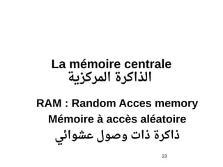 23
La mémoire centrale
‫المركزية‬ ‫الذاكرة‬
RAM : Random Acces memory
Mémoire à accès aléatoire
‫عشوائي‬ ‫وصول‬ ‫ذات‬ ‫ذاكرة‬
 