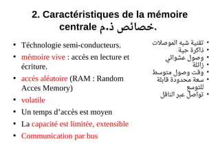 2. Caractéristiques de la mémoire
centrale ‫م‬ ‫ذ‬ ‫خصائص‬. .
• Téchnologie semi-conducteurs.
• mémoire vive : accès en lecture et
écriture.
• accès aléatoire (RAM : Random
Acces Memory)
• volatile
• Un temps d’accès est moyen
• La capacité est limitée, extensible
• Communication par bus
●
‫الموصلت‬ ‫شبه‬ ‫تقنية‬
●
‫حية‬ ‫ذاكرة‬
●
‫عشوائي‬ ‫وصول‬
●
‫زائلة‬
●
‫متوسط‬ ‫وصول‬ ‫وقت‬
●
‫قابلة‬ ‫ةينبو رودة‬‫و‬‫محد‬ ‫سعة‬
‫للتوسع‬
●
‫الناقل‬ ‫عبر‬ ‫تواصل‬
 