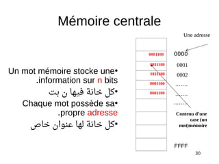 30
0001100
0011100
0111100
0001100
0001100
0000
0001
0002
.……
.……
..……
FFFF
Une adresse
Contenu d’une
case (un
mot)mémoire
•Un mot mémoire stocke une
information sur n bits.
•‫بت‬ ‫ن‬ ‫فيها‬ ‫خانة‬ ‫كل‬
•Chaque mot possède sa
propre adresse.
•‫خاص‬ ‫عنوان‬ ‫لها‬ ‫خانة‬ ‫كل‬
Mémoire centrale
 