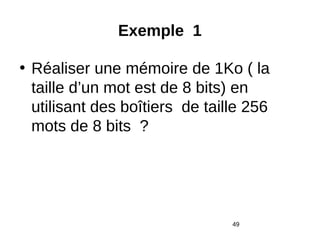 49
Exemple 1
• Réaliser une mémoire de 1Ko ( la
taille d’un mot est de 8 bits) en
utilisant des boîtiers de taille 256
mots de 8 bits ?
 