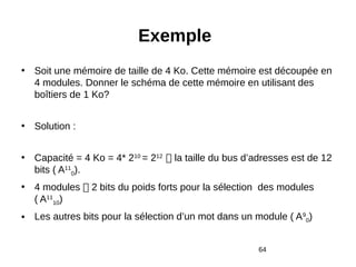 64
Exemple
• Soit une mémoire de taille de 4 Ko. Cette mémoire est découpée en
4 modules. Donner le schéma de cette mémoire en utilisant des
boîtiers de 1 Ko?
• Solution :
• Capacité = 4 Ko = 4* 210
= 212
 la taille du bus d’adresses est de 12
bits ( A11
0).
• 4 modules  2 bits du poids forts pour la sélection des modules
( A11
10)
• Les autres bits pour la sélection d’un mot dans un module ( A9
0)
 