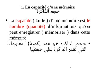 9
1. La capacité d’une mémoire
‫الذاكرة‬ ‫حجم‬
• La capacité ( taille ) d’une mémoire est le
nombre (quantité) d’informations qu’on
peut enregistrer ( mémoriser ) dans cette
mémoire.
•‫المعلومات‬ ‫كمية‬ ‫ةينبو رود‬‫د‬‫ع‬ ‫ههو‬‫ه‬ ‫الذاكرة‬ ‫ههم‬‫ج‬‫ح‬( )
‫حفظها‬ ‫على‬ ‫الذاكرة‬ ‫تقدر‬ ‫التي‬
 