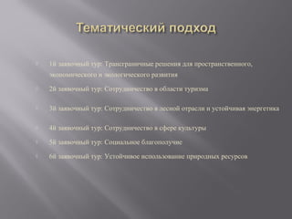 

1й заявочный тур: Трансграничные решения для пространственного,
экономического и экологического развития



2й заявочный тур: Сотрудничество в области туризма



3й заявочный тур: Сотрудничество в лесной отрасли и устойчивая энергетика



4й заявочный тур: Сотрудничество в сфере культуры



5й заявочный тур: Социальное благополучие



6й заявочный тур: Устойчивое использование природных ресурсов

 