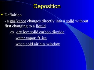 DepositionDeposition
 Definition
- a gas/vapor changes directly into a solid without
first changing to a liquid
ex. dry ice: solid carbon dioxide
water vapor  ice
when cold air hits window
 