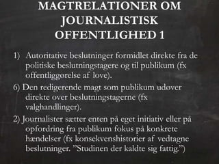 MAGTRELATIONER OM
          JOURNALISTISK
         OFFENTLIGHED 1
1) Autoritative beslutninger formidlet direkte fra de
    politiske beslutningstagere og til publikum (fx
    offentliggørelse af love).
6) Den redigerende magt som publikum udøver
    direkte over beslutningstagerne (fx
    valghandlinger).
2) Journalister sætter enten på eget initiativ eller på
    opfordring fra publikum fokus på konkrete
    hændelser (fx konsekvenshistorier af vedtagne
    beslutninger. ”Studinen der kaldte sig fattig.”)
 