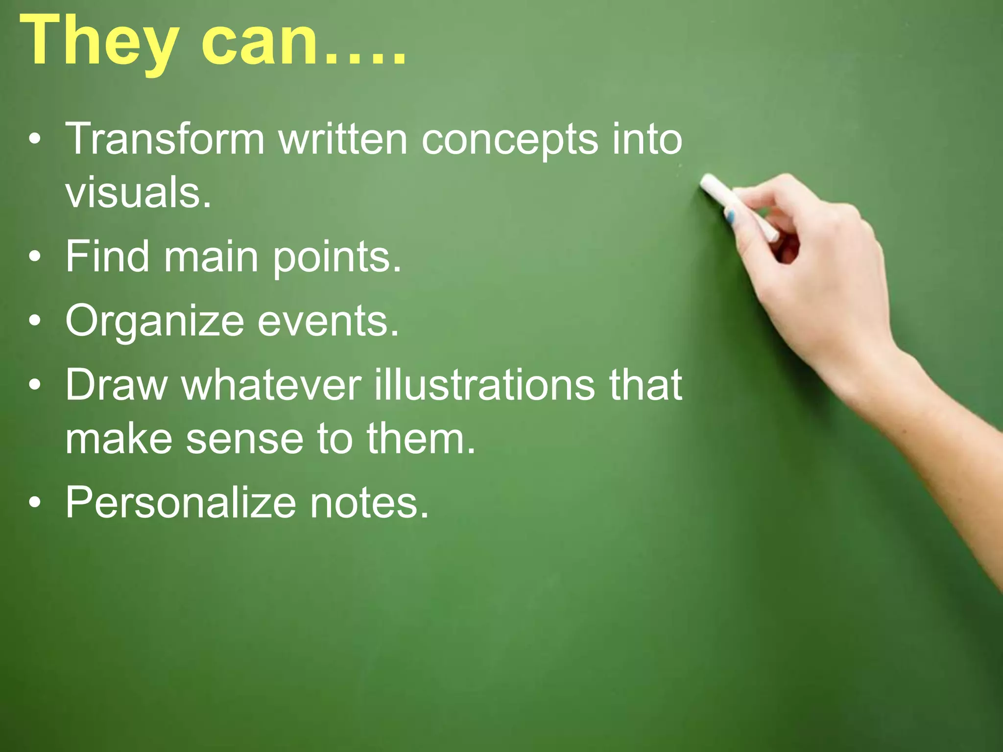 They can….
• Transform written concepts into
visuals.
• Find main points.
• Organize events.
• Draw whatever illustrations that
make sense to them.
• Personalize notes.
 