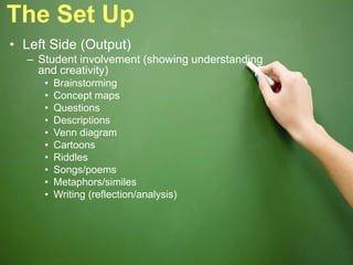 The Set Up
• Left Side (Output)
– Student involvement (showing understanding
and creativity)
• Brainstorming
• Concept maps
• Questions
• Descriptions
• Venn diagram
• Cartoons
• Riddles
• Songs/poems
• Metaphors/similes
• Writing (reflection/analysis)
 