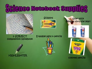 Scissors
colored pencils
Erasable pens & pencils1- SUBJECT
composition Notebook
Glue stick
(several thru the year)
HIGHLIGHTER
 