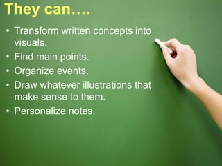 They can….
• Transform written concepts into
visuals.
• Find main points.
• Organize events.
• Draw whatever illustrations that
make sense to them.
• Personalize notes.
 