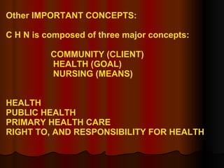 Other IMPORTANT CONCEPTS: C H N is composed of three major concepts:  COMMUNITY (CLIENT)   HEALTH (GOAL)   NURSING (MEANS) HEALTH PUBLIC HEALTH PRIMARY HEALTH CARE RIGHT TO, AND RESPONSIBILITY FOR HEALTH 