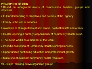 PRINCIPLES OF CHN 1.Based on recognized needs of communities, families, groups and individual 2.Full understanding of objectives and policies of the  agency 3.Family is the unit of services 4.Available to all regardless of sex, status, political beliefs and others.  5.Health teaching a primary responsibility of community health nurse. 6.The nurse works as a member of the team 7.Periodic evaluation of Community Health Nursing Services 8.Opportunities continuing education and professional growth 9.Make use of available community health resources 10.Utilizes  existing active organized groups 