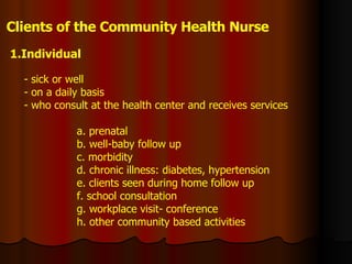 Clients of the Community Health Nurse 1.Individual - sick or well - on a daily basis - who consult at the health center and receives services a. prenatal b. well-baby follow up  c. morbidity d. chronic illness: diabetes, hypertension e. clients seen during home follow up f. school consultation g. workplace visit- conference h. other community based activities 